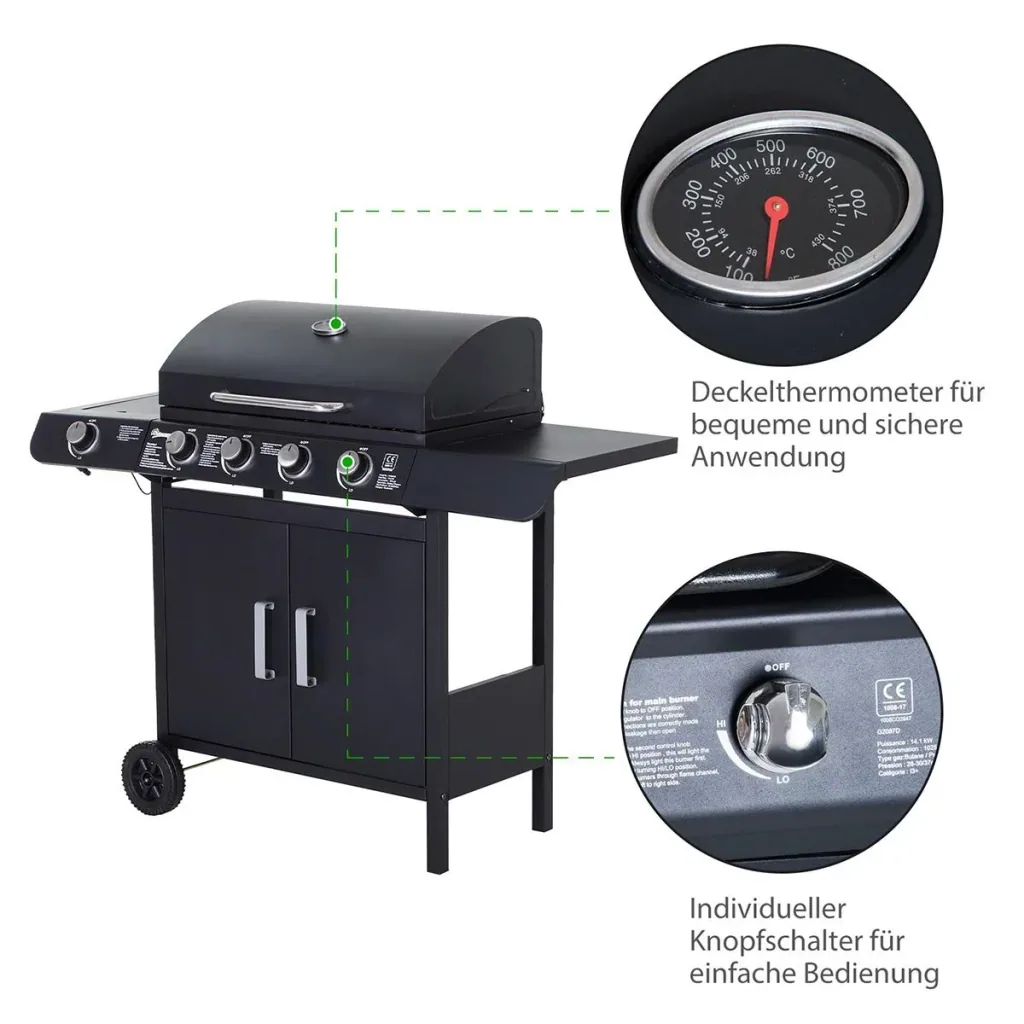 Gas grill BBQ grill cart with 4 burners 1 side burner cabinet multifunction metal black 125 x 51 x 100 cm