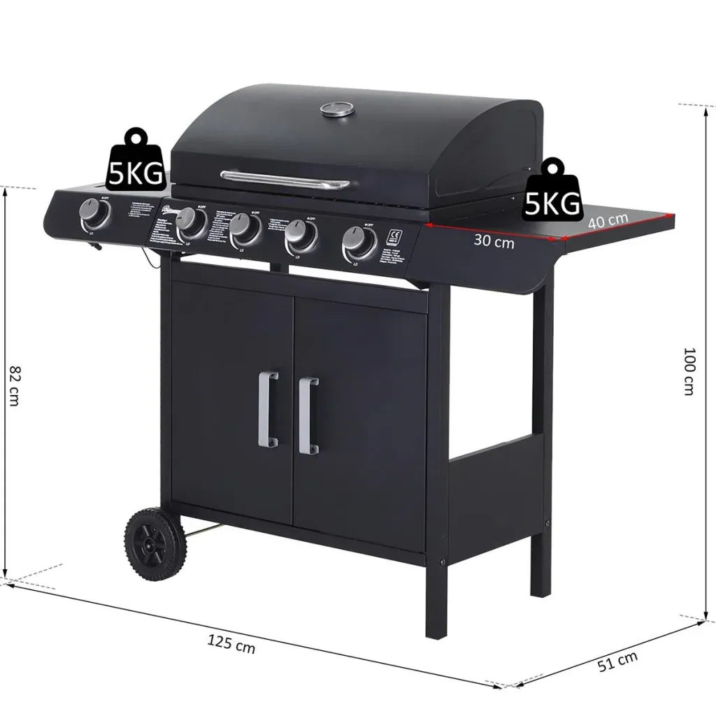 Gas grill BBQ grill cart with 4 burners 1 side burner cabinet multifunction metal black 125 x 51 x 100 cm