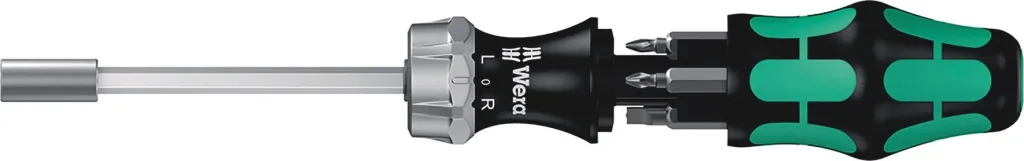 Screwdriver with ratchet function and bit magazine