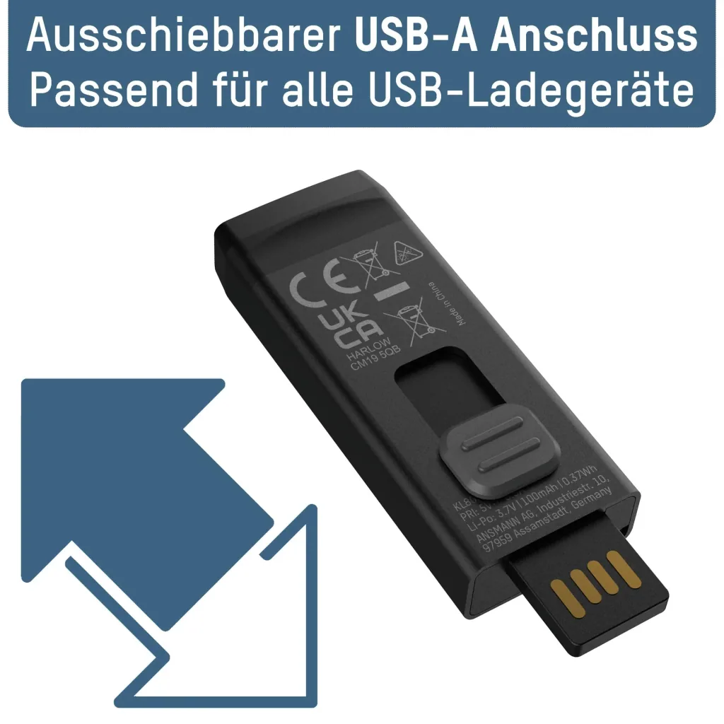 Mini LED flashlight with integrated USB-A plug, dimmable