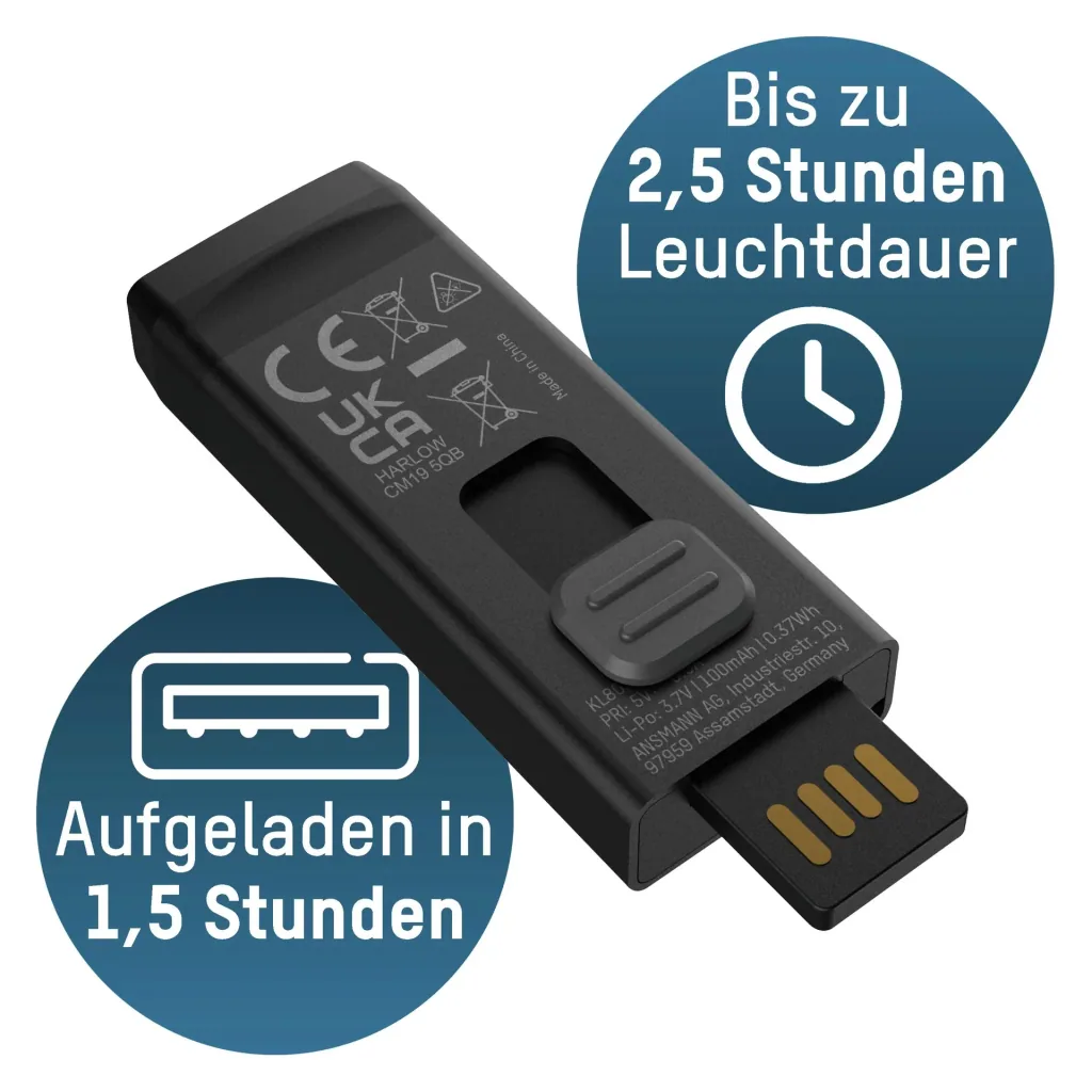 Mini LED flashlight with integrated USB-A plug, dimmable