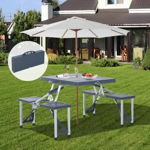 Camping table aluminum foldable black 4 people