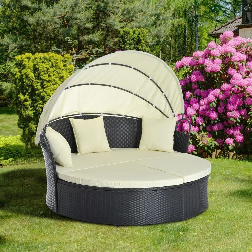 Rattan sun island including foldable roof black/cream white