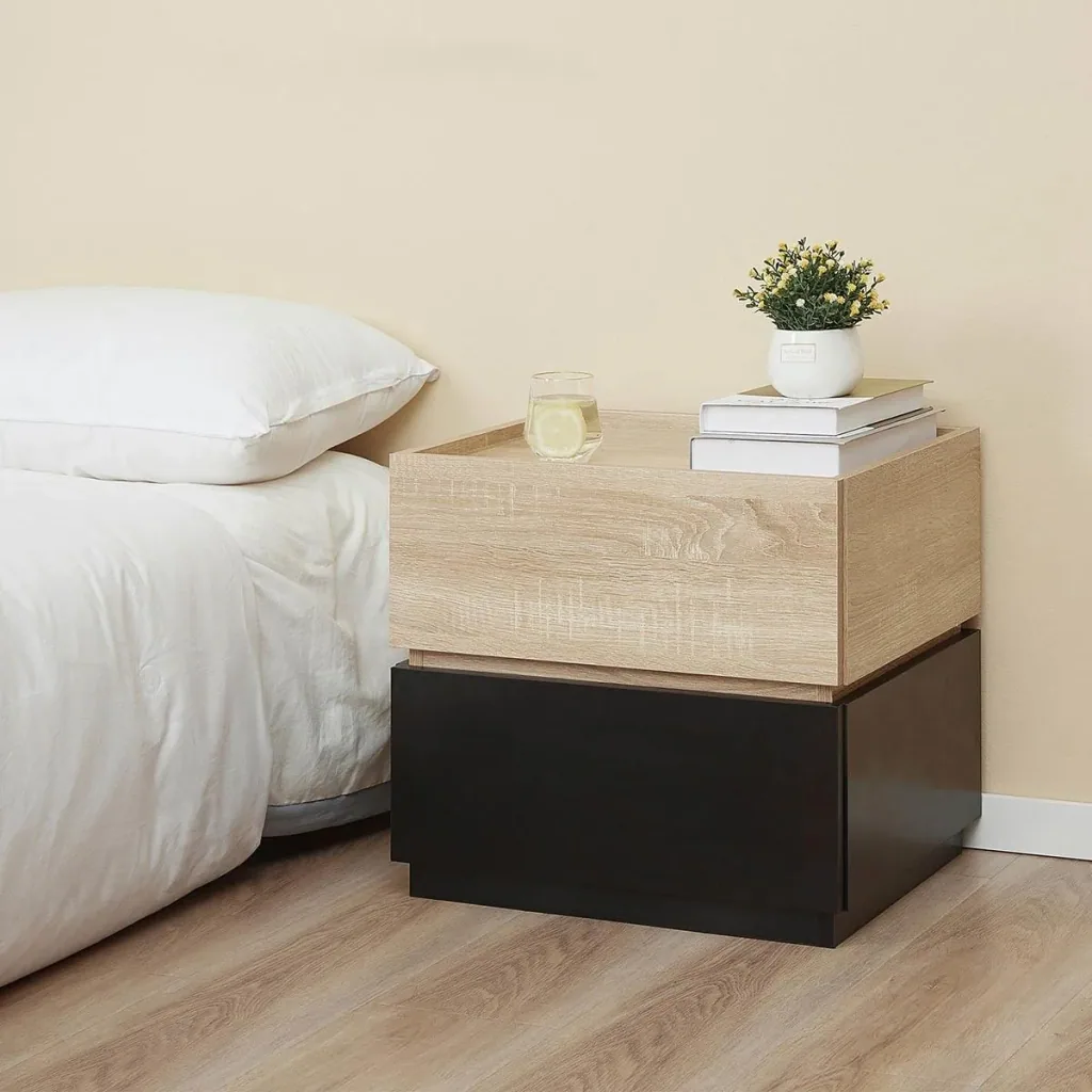 Bedside table with drawer, stackable bedside table, drawer cabinet, bedroom bedside table, chipboard, black+natural 50