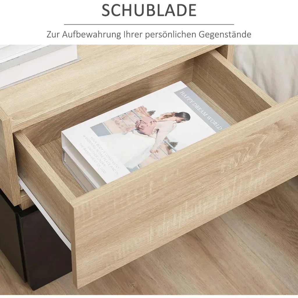 Bedside table with drawer, stackable bedside table, drawer cabinet, bedroom bedside table, chipboard, black+natural 50