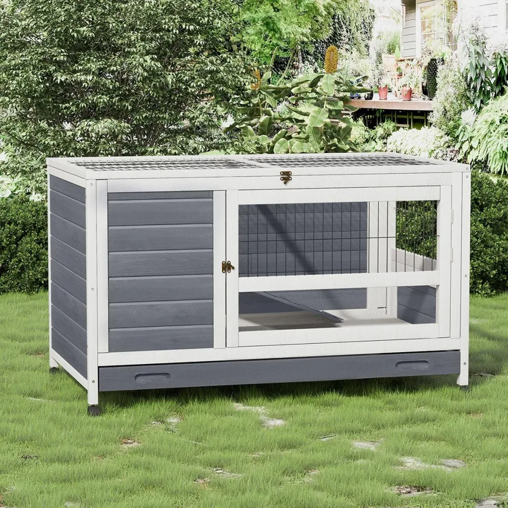 Rabbit hutch with wheels, double-decker, solid wood, grey and white, 102 x 60 x 63.5 cm