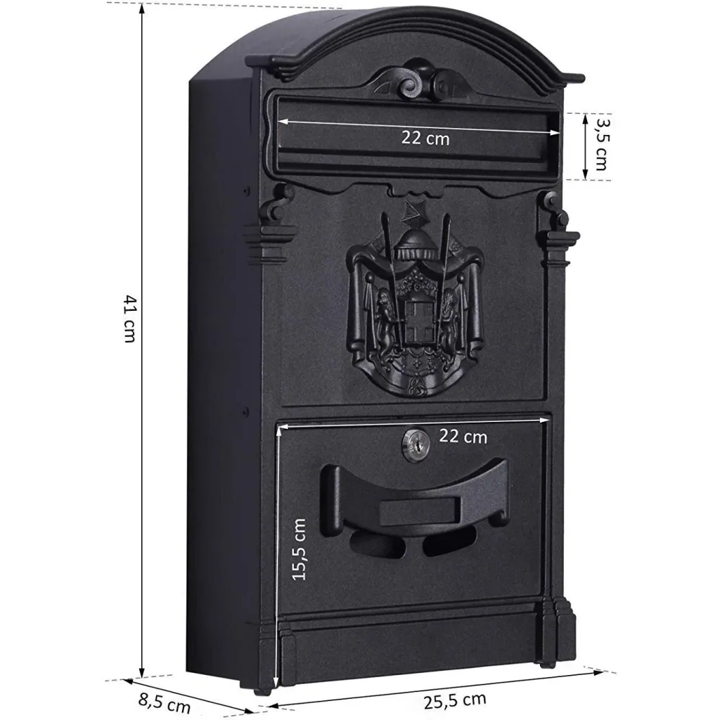 Mailbox lockable with protective flap including 2 keys aluminum black 25.5 x 8.5 x 41 cm