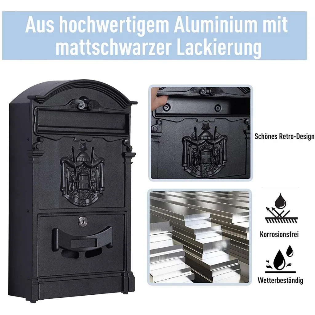 Mailbox lockable with protective flap including 2 keys aluminum black 25.5 x 8.5 x 41 cm