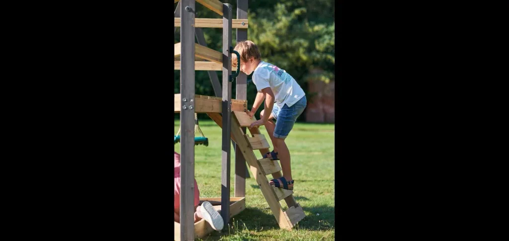 Barbary wooden play structure, outdoor climbing frame for children, double swing, slide, ladder, sandpit, anthracite