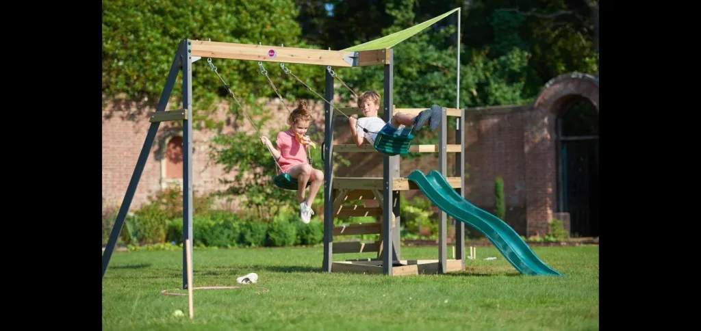 Barbary wooden play structure, outdoor climbing frame for children, double swing, slide, ladder, sandpit, anthracite