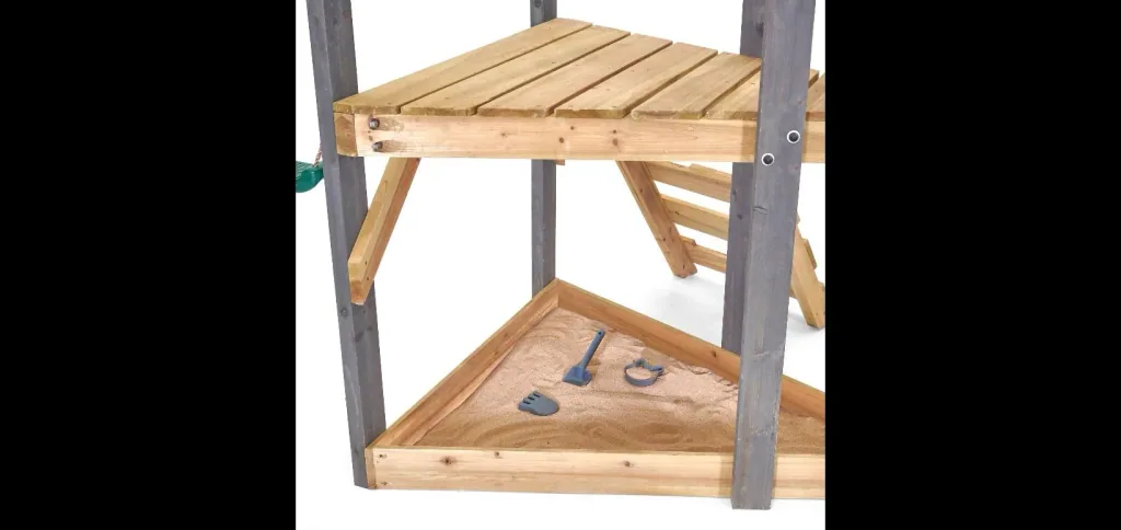 Barbary wooden play structure, outdoor climbing frame for children, double swing, slide, ladder, sandpit, anthracite