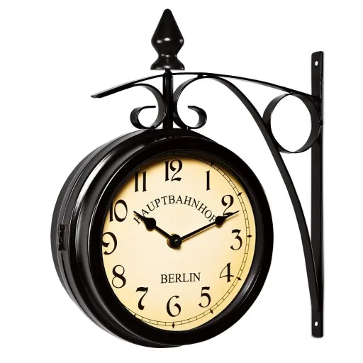 Retro-look station clock, double-sided, black