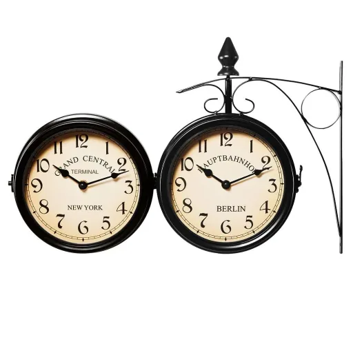 Retro-look station clock, double-sided, black