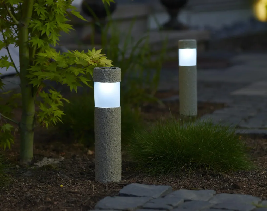Set of 2 solar bollard lights in stone look