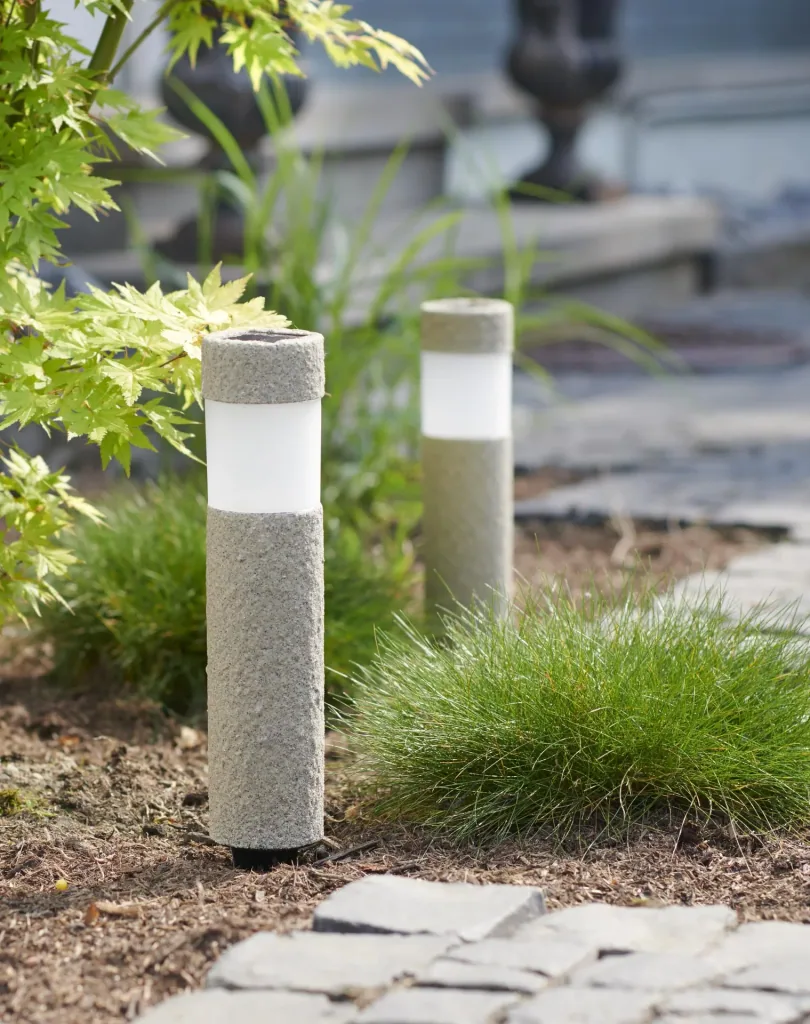 Set of 2 solar bollard lights in stone look