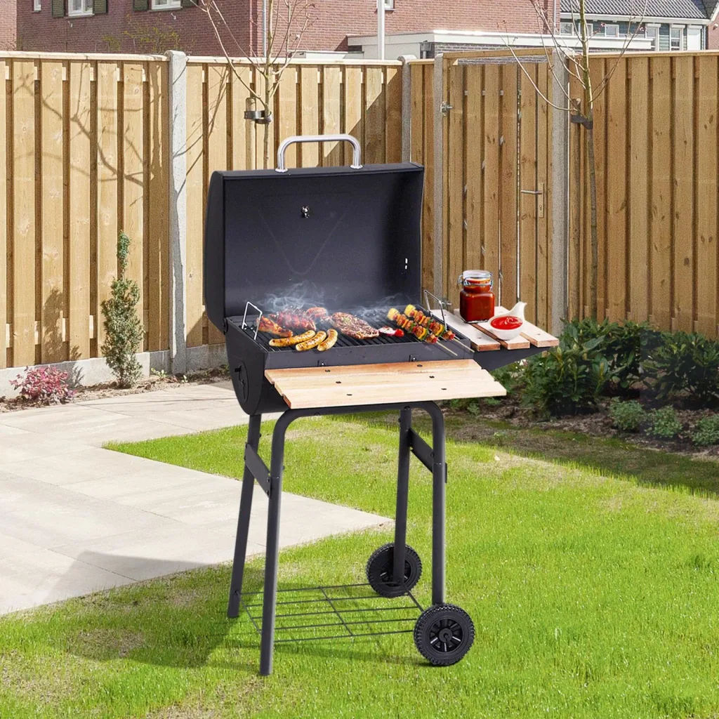 Charcoal grill grill cart grill station stand grill with thermometer 3 x shelves stainless steel black