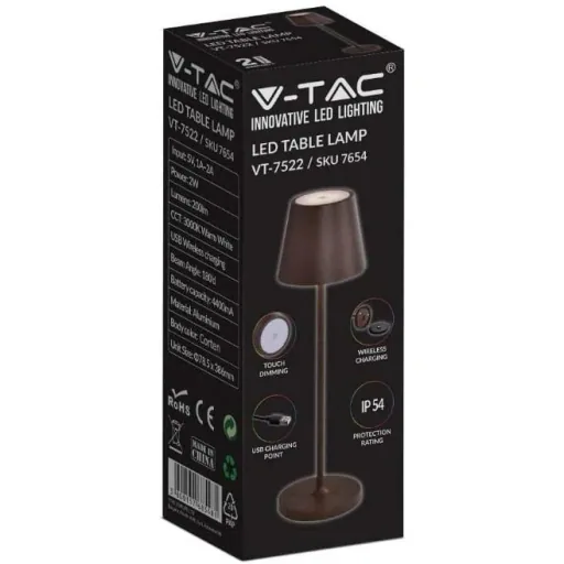VT-7522 Table Lamp - 3000K - Dimmable via Touch - Rechargeable - Brown - IP54