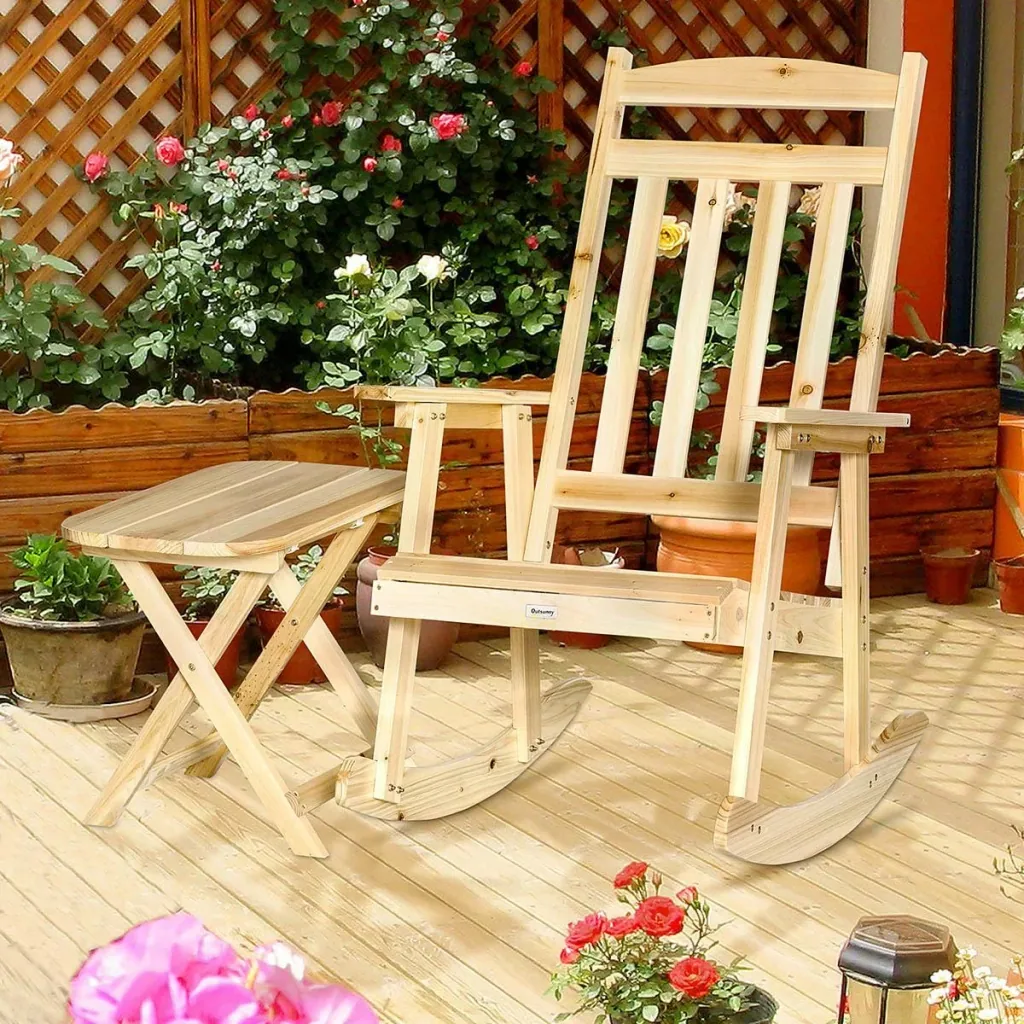 Wooden rocking chair with side table 2-piece rocking chair set with armrests and high backrest