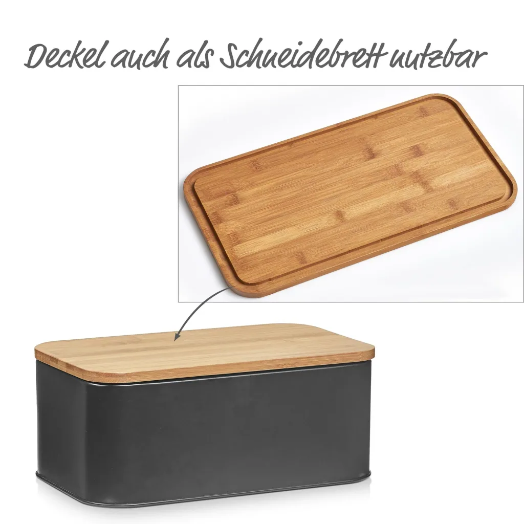 Bread bin with bamboo lid, metal, matt black