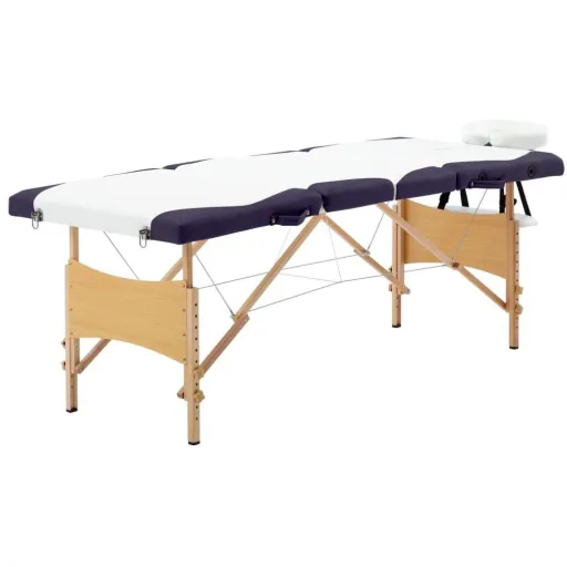 Folding massage table 4 zones wood white and purple