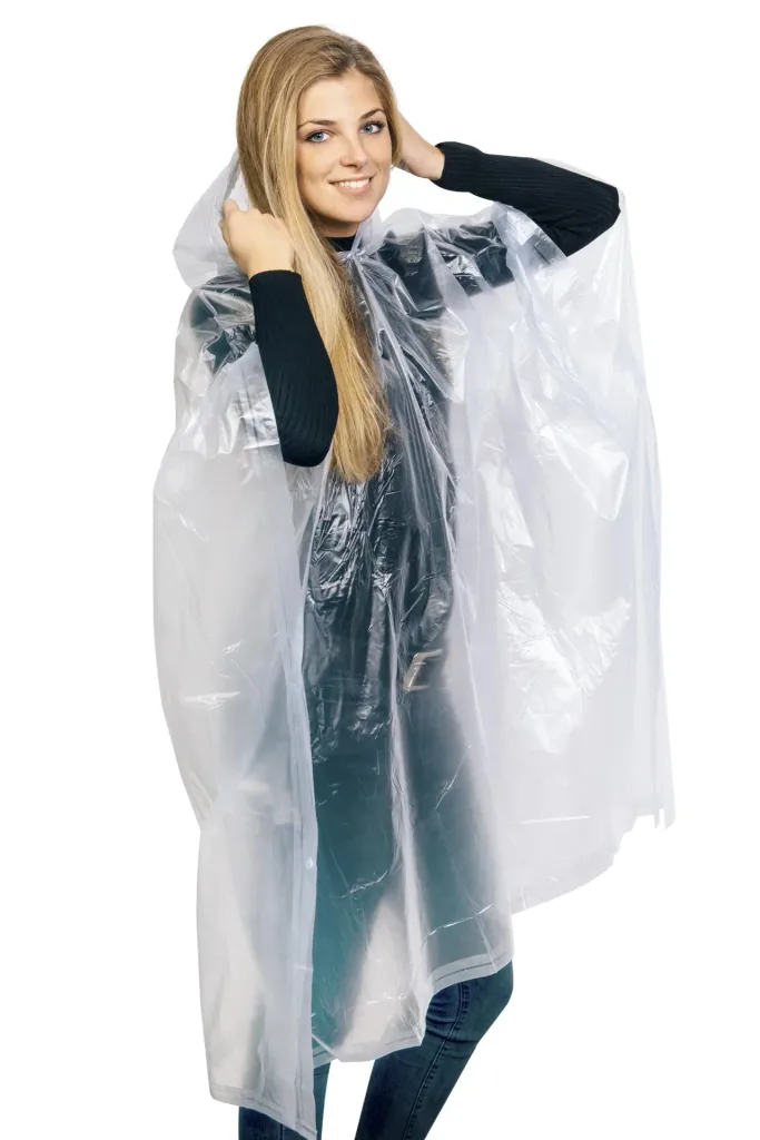Rain poncho in one size, waterproof, with snap fasteners, color transparent