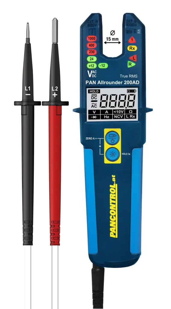 Current and voltage tester with LED/LCD display, up to 1500V DC, up to 1000V AC, up to 200A AC/DC