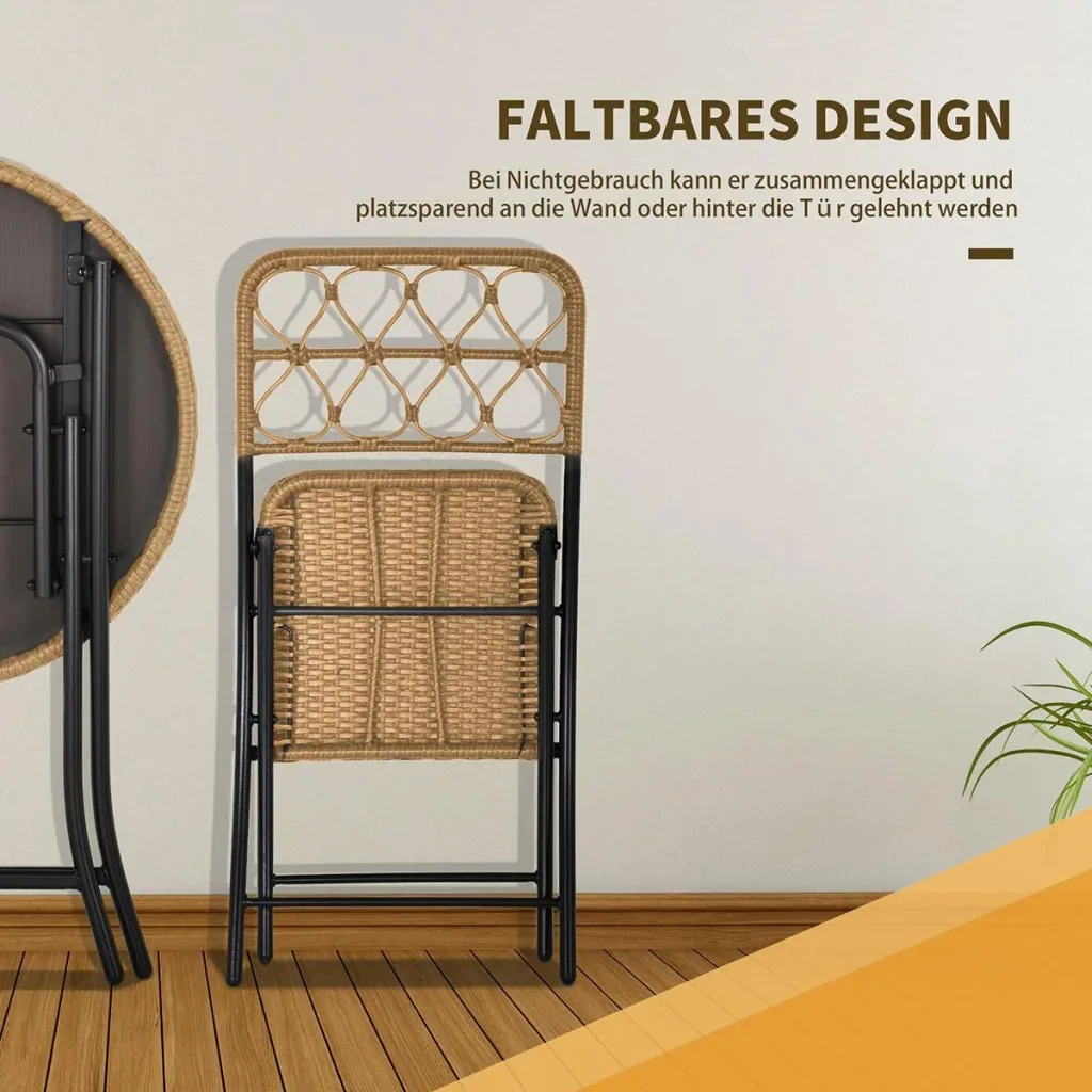 3-piece polyrattan seating group, bistro set, balcony set, 2 chairs + folding table, garden, natural