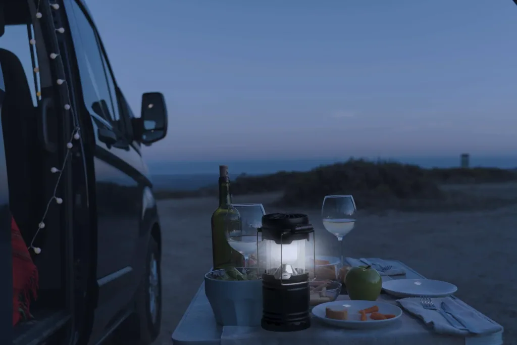 LED camping lantern with fan, collapsible