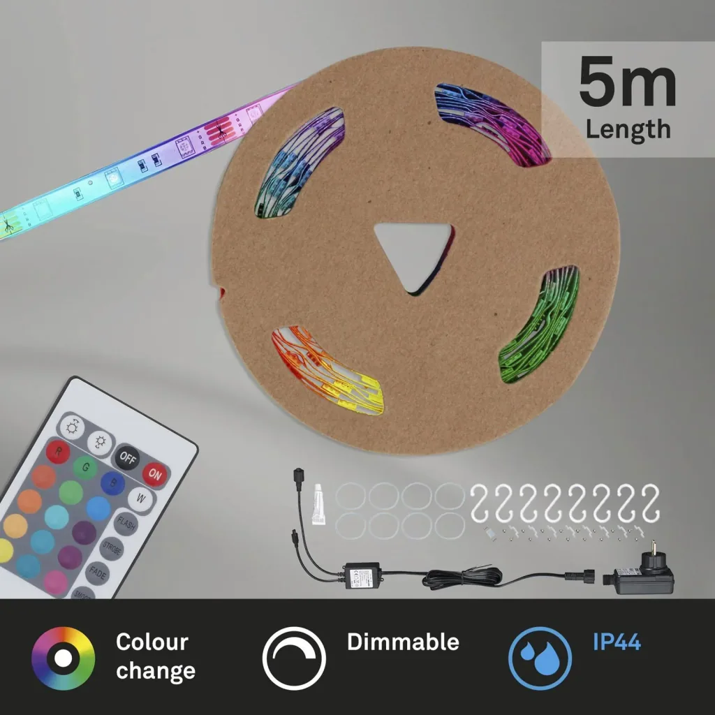 RGB LED flex strip for outdoor use, 5m, IP44, 150 RGB LEDs, with remote control, including mounting kit