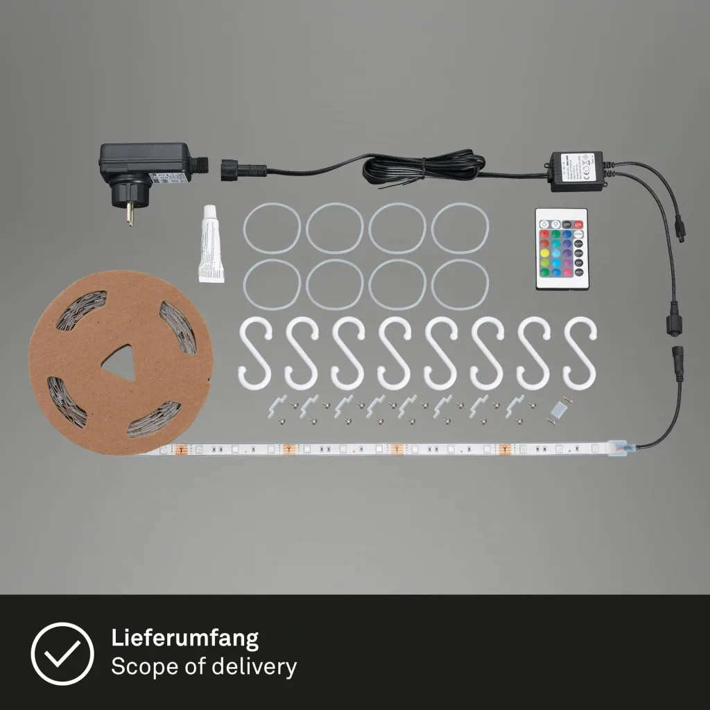 RGB LED flex strip for outdoor use, 5m, IP44, 150 RGB LEDs, with remote control, including mounting kit