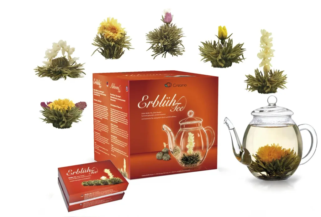 Tea flower gift set "ErblühTee" with glass pot, 6 different varieties