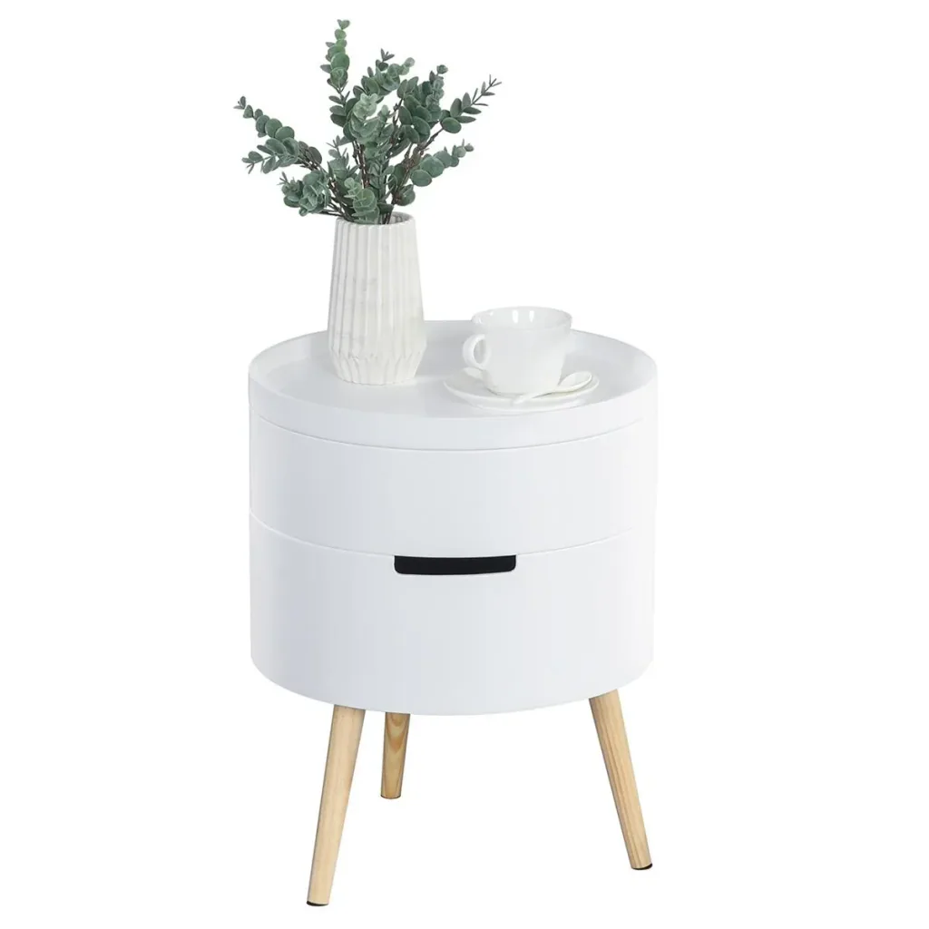 Round bedside table, side table, sofa table with 2 storage spaces, coffee table freely combinable, living room, wood, white, Ø38 x 48.3 cm