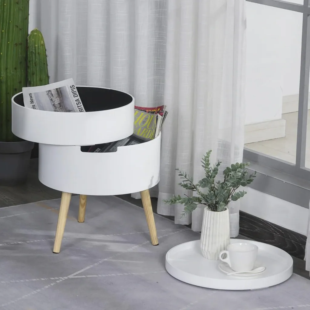 Round bedside table, side table, sofa table with 2 storage spaces, coffee table freely combinable, living room, wood, white, Ø38 x 48.3 cm
