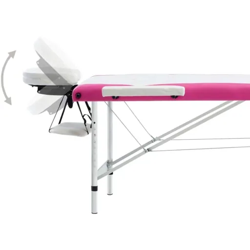 Folding massage table with 3 zones aluminum white and pink