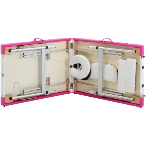 Folding massage table with 3 zones aluminum white and pink
