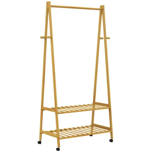 Bamboo clothes rack with clothes rail + 2 shelves and 4 casters