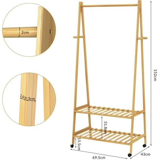 Bamboo clothes rack with clothes rail + 2 shelves and 4 casters