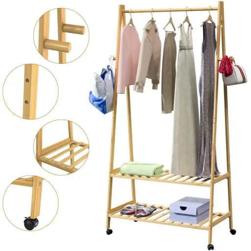 Bamboo clothes rack with clothes rail + 2 shelves and 4 casters