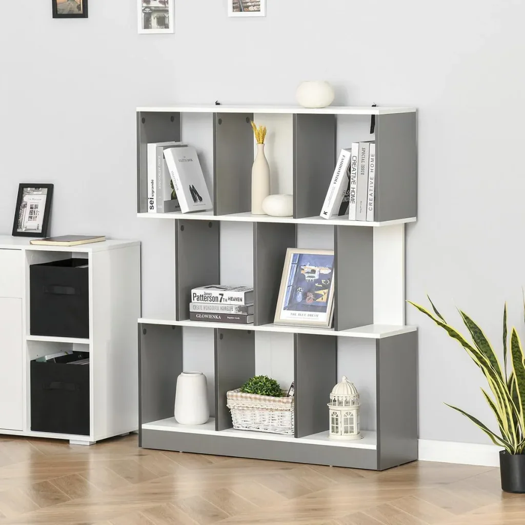 Bookshelf, standing shelf, office shelf, filing cabinet for office, living room, study, chipboard, grey + white, 100 x 24 x 124 cm