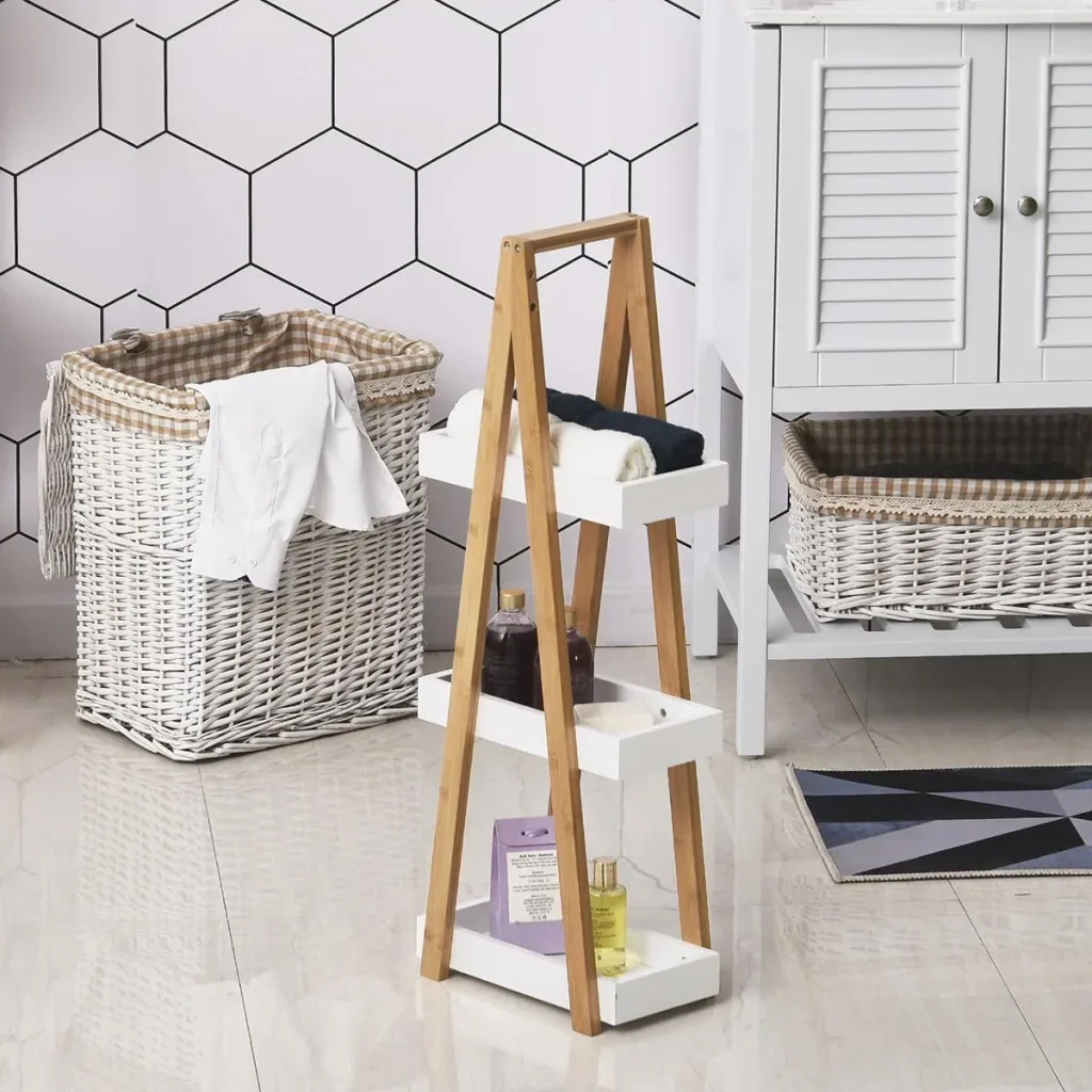 Bathroom shelf, 3-tier stair shelf, ladder shelf, bathroom, bamboo, white, 30 x 18 x 81 cm