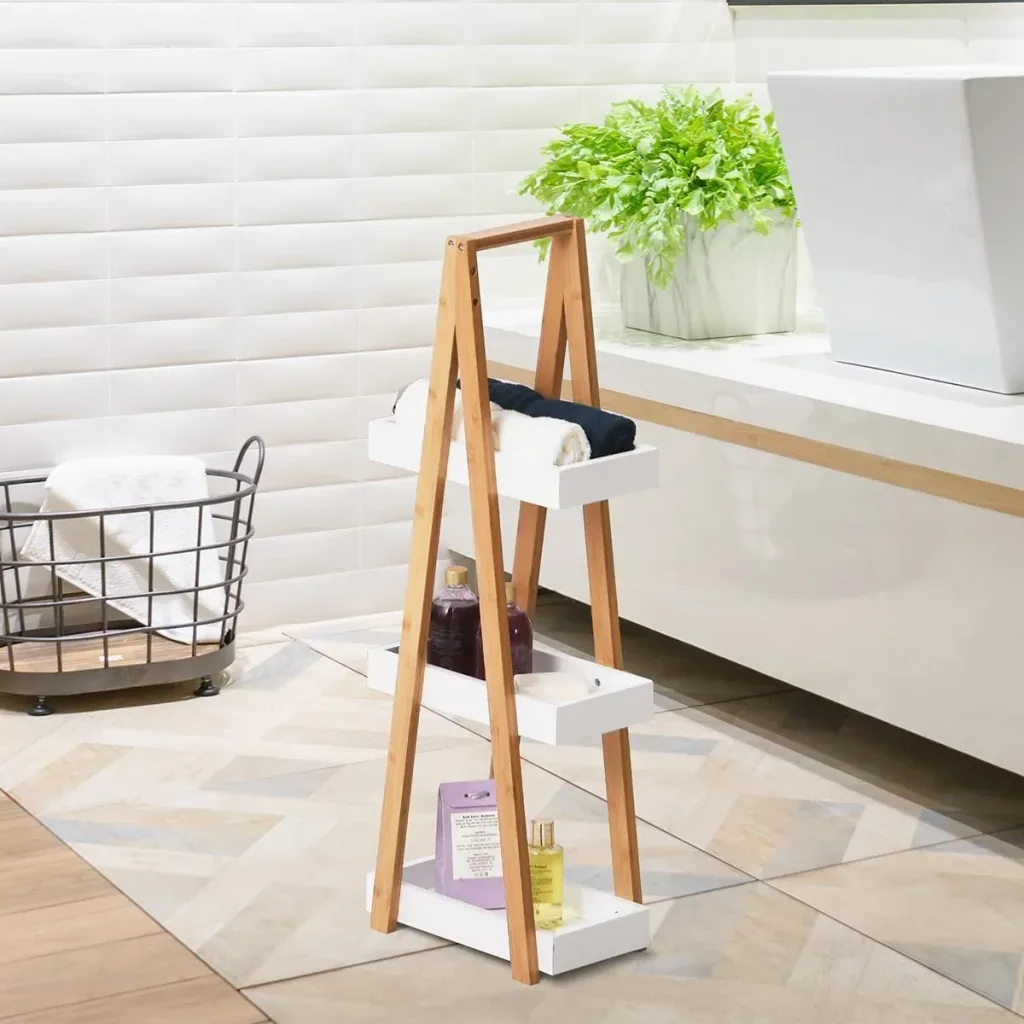 Bathroom shelf, 3-tier stair shelf, ladder shelf, bathroom, bamboo, white, 30 x 18 x 81 cm