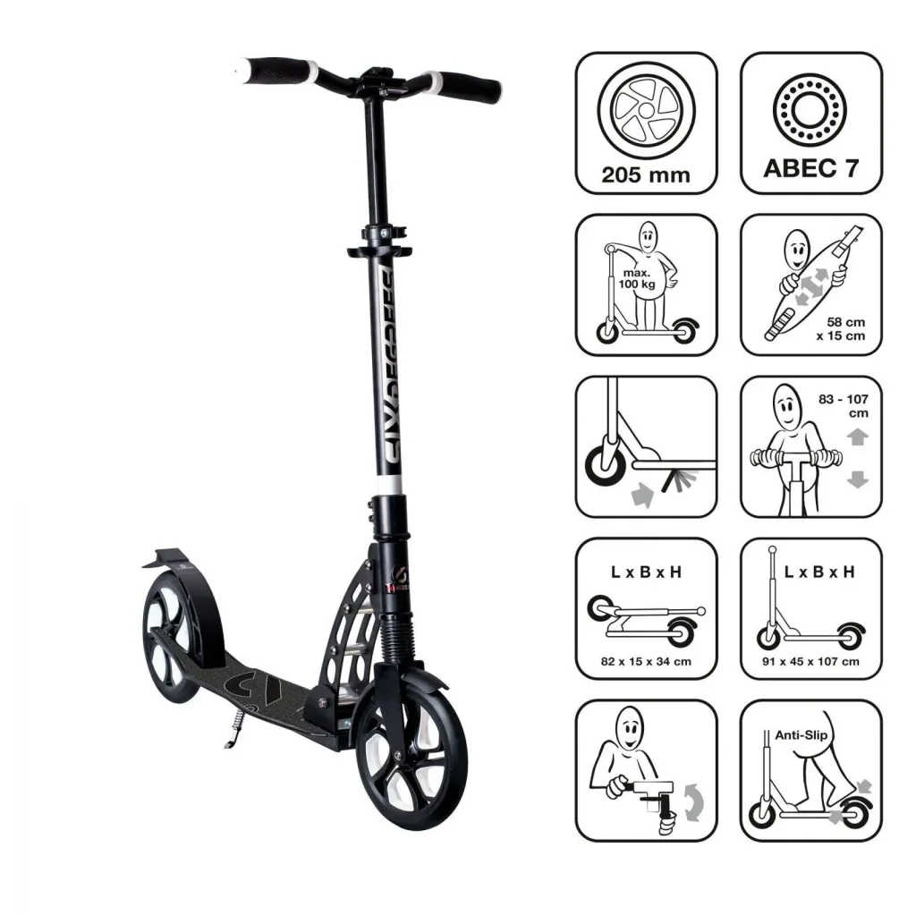 Aluminum scooter with front suspension, folding mechanism, 205 mm, ABEC 7, height adjustable, black