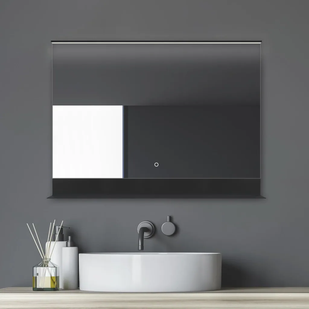 Bathroom mirror with lighting, "Black Home" - 80 x 60 cm - light color neutral white - with practical shelf