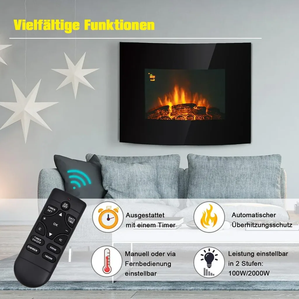 LED electric fireplace with heating function and remote controls, black