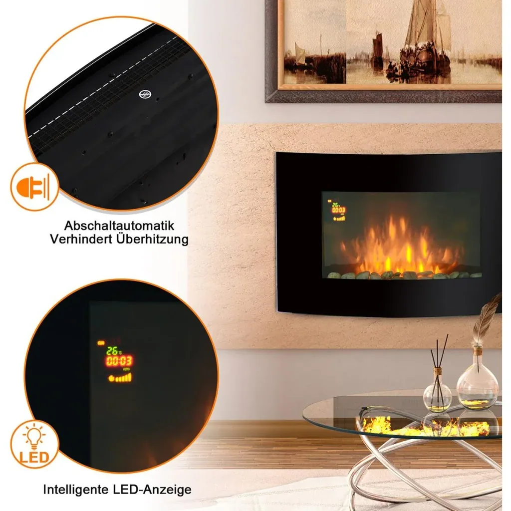 LED electric fireplace with heating function and remote controls, black
