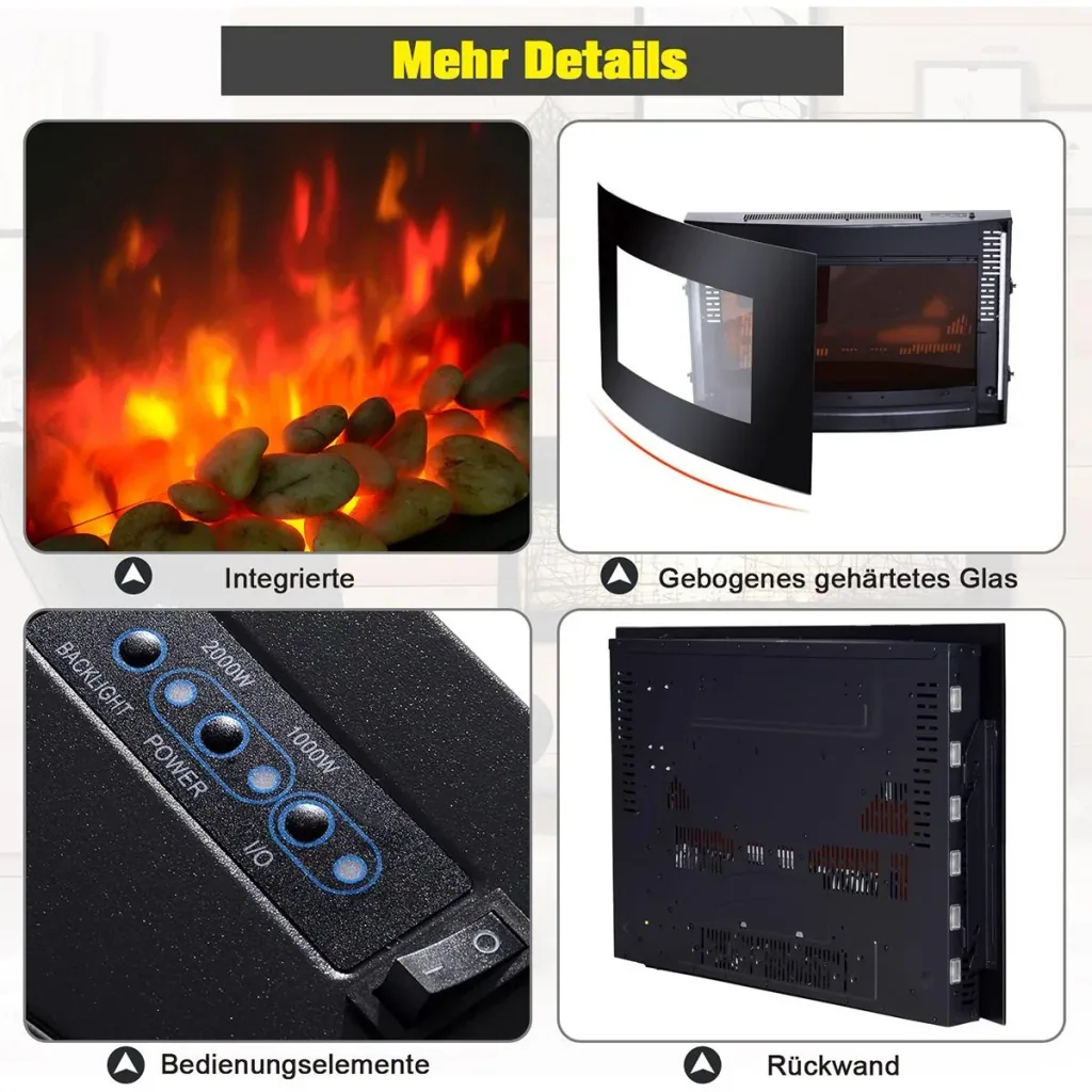 LED electric fireplace with heating function and remote controls, black