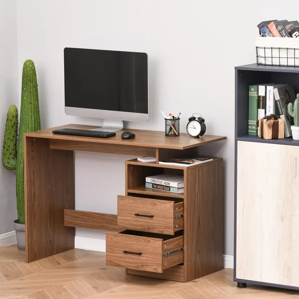 Desk computer table with open shelves 2 drawers work table compact office table chipboard natural 107 x 48 x