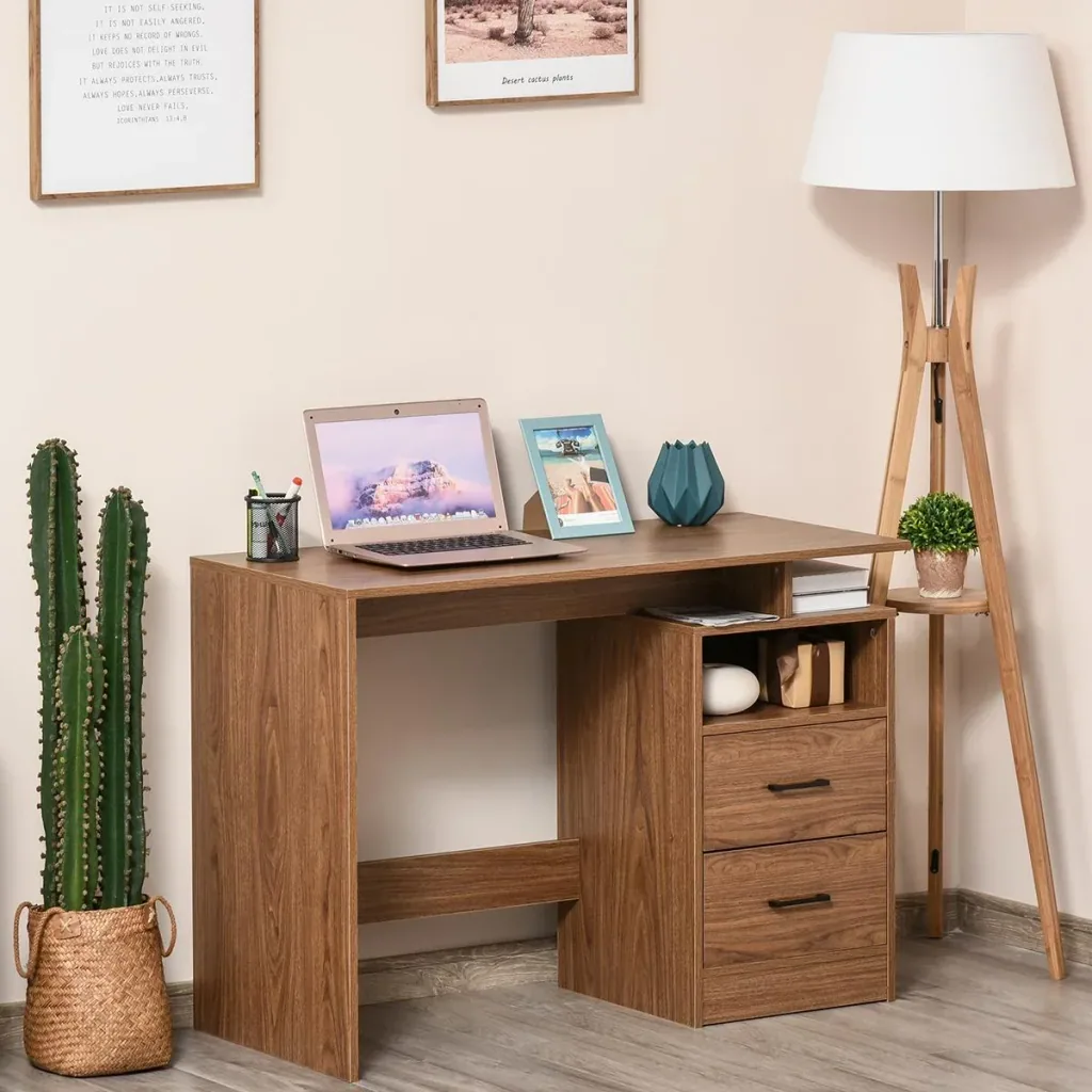 Desk computer table with open shelves 2 drawers work table compact office table chipboard natural 107 x 48 x