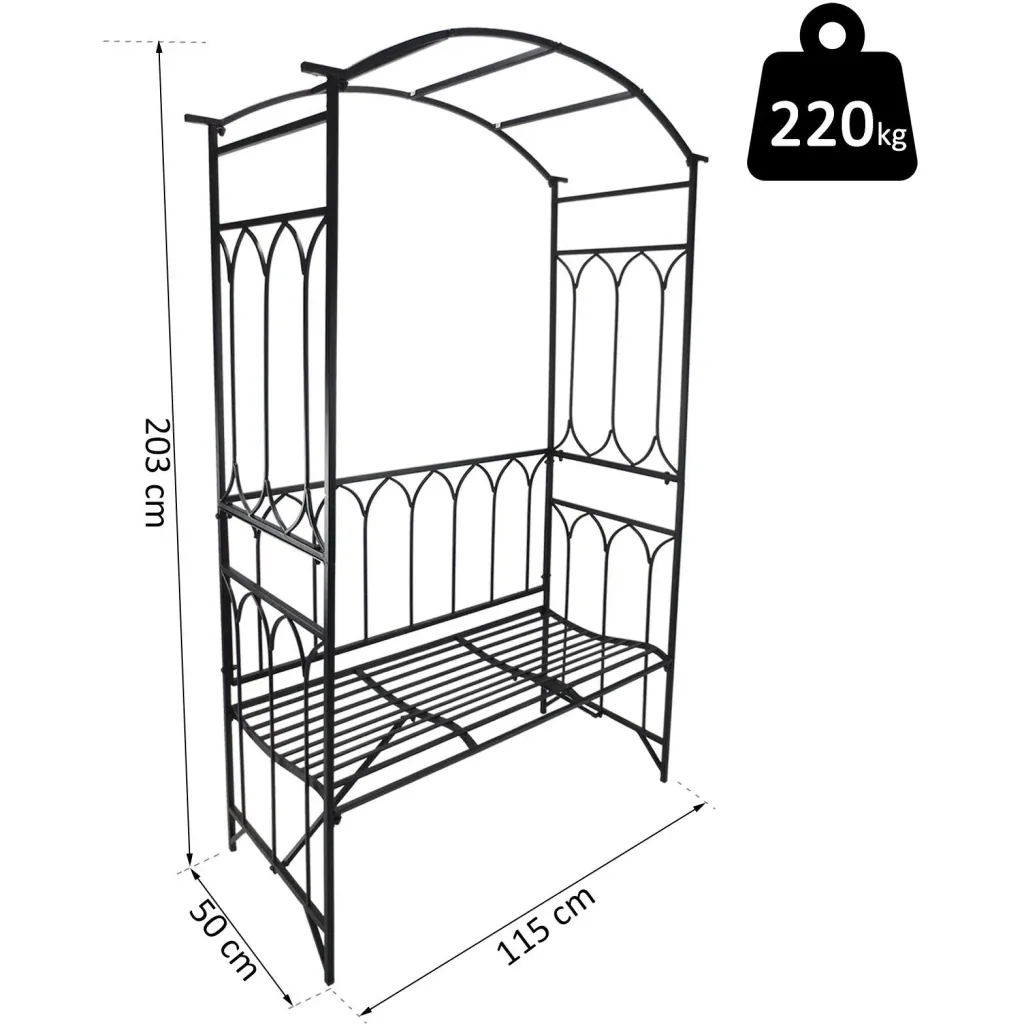 Rose arch with bench, rose bench, arbor bench, trellis, metal, black, 115 x 50 x 203 cm