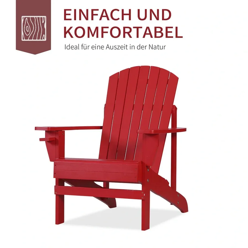 Adirondack garden chair with cup holder, garden lounger, balcony chair, solid wood, red, 97 x 72.5 x 93 cm